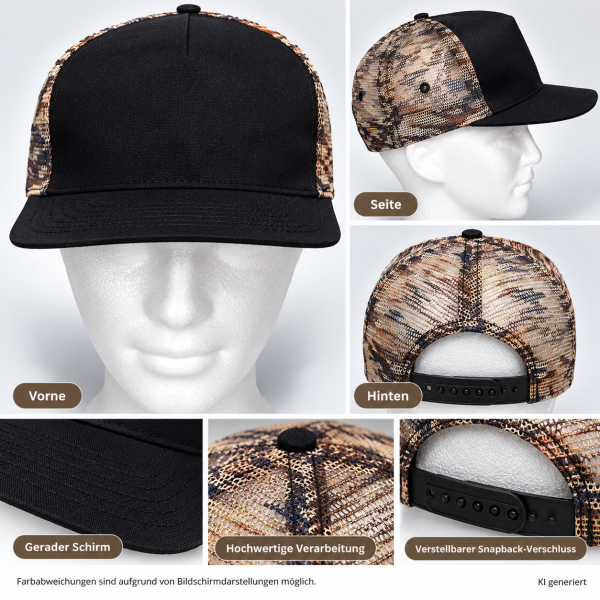 Trucker Cap Schwarz-Camouflage – Gerader Schirm, Unbedruckt