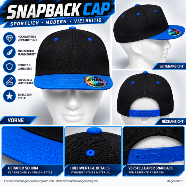 Snapback Cap Schwarz/Blau – Gerader Schirm